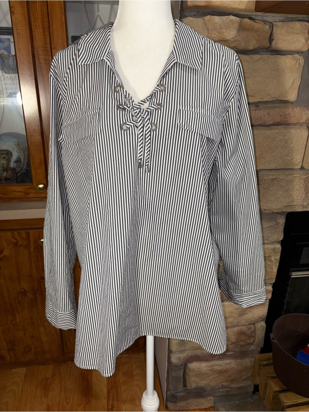 Calvin Klein Black & White Striped Lace-Up Blouse